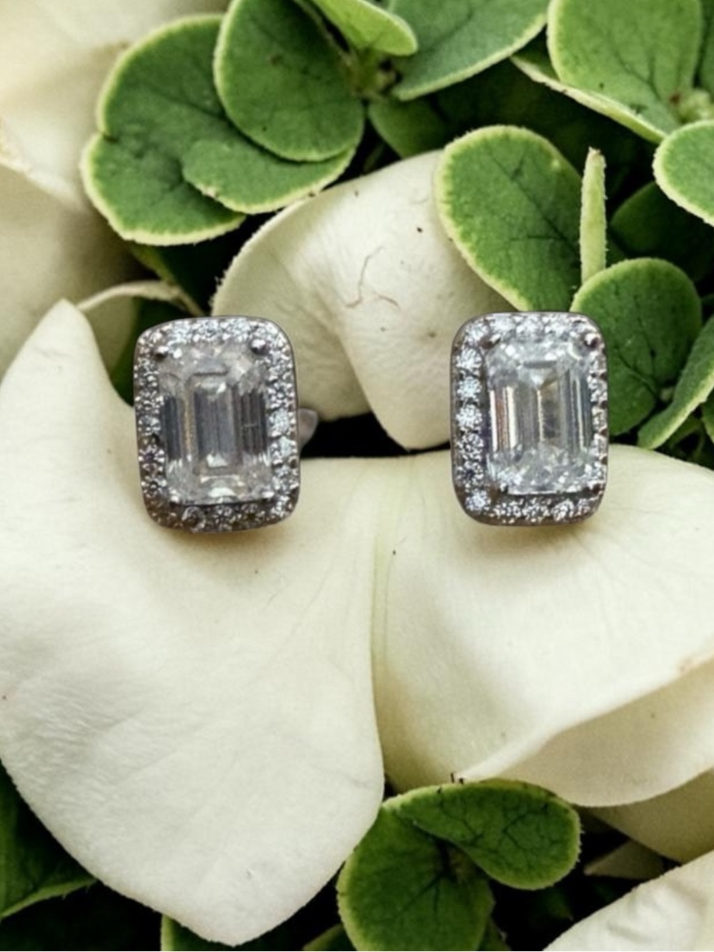 Moissanite Emerald cut halo stud earrings Solid sterling silver 1.80 carat